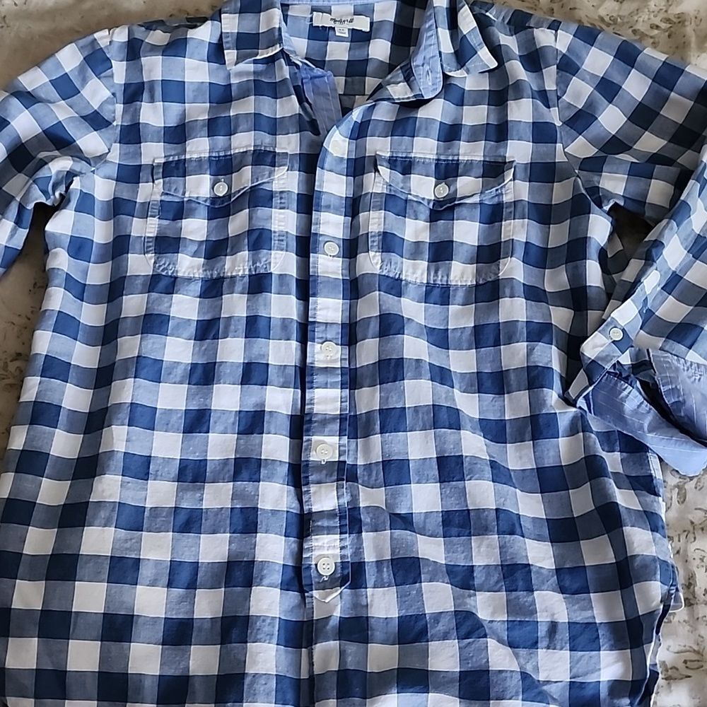 Madewell Linen Blend Blue & White Gingham Plaid Workshirt Size XS